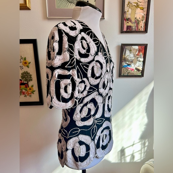 Vintage 1980s Black Silk Beaded Floral Top – Hand Beaded Sequin Evening Blouse - Picture 7 of 8